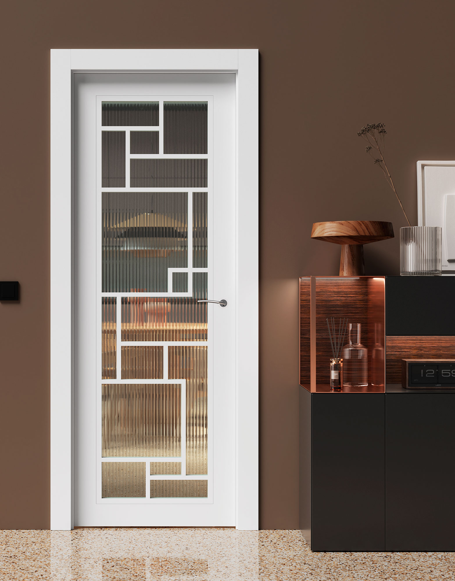 43_23_14_ModeloP_vidriera Render arquitectónico para una tienda de ropa en color caldera rojizo, realizado en 3D